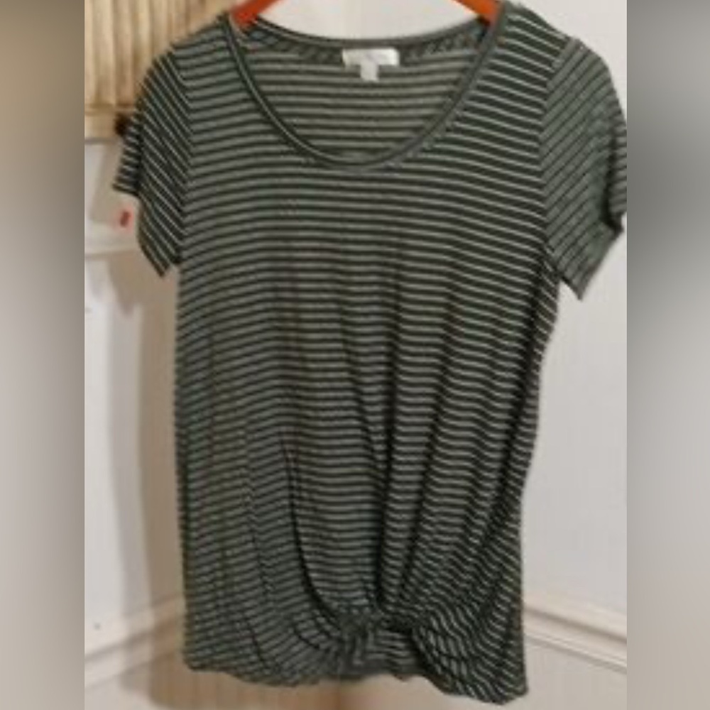 Women's Nine Britton Olive Green and White Striped Knot Front Tee Shirt XL